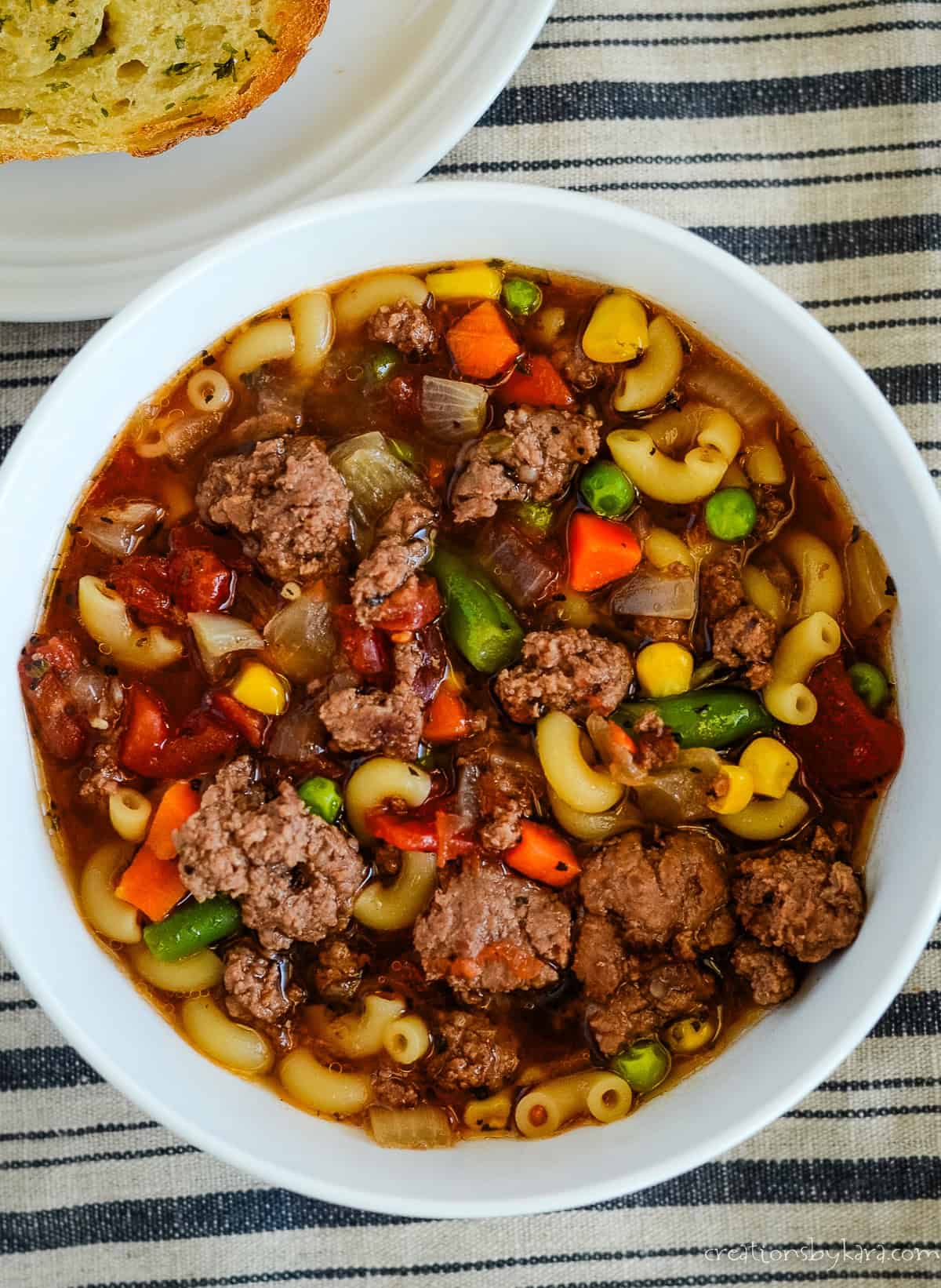 overhead shot of hamburger macaroni soup